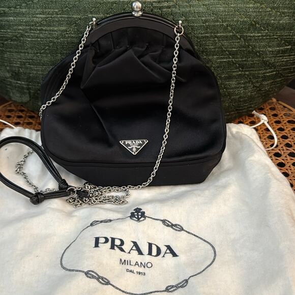 Prada Black Satin Silver Chain Clasp Top Coin Purse Frame Mini Crossbody Bag - Picture 1 of 8